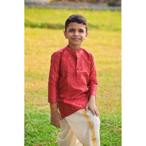 Red Silk Blend Kurta With Zari Buttas For Boys