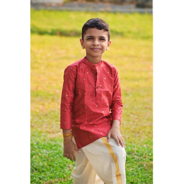 Red Silk Blend Kurta With Zari Buttas For Boys thumbnail 1