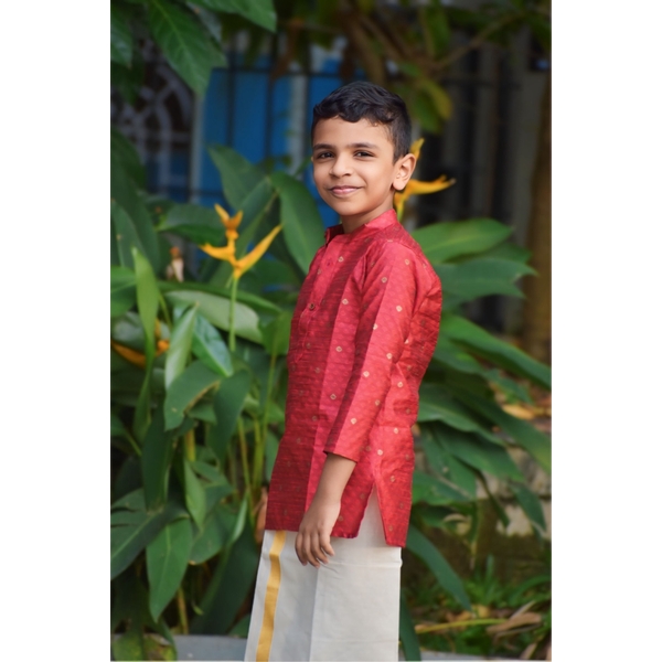 Red Silk Blend Kurta With Zari Buttas For Boys thumbnail 4