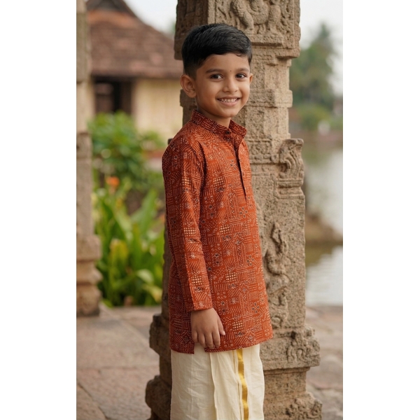 Boy's Red Ajrakh Cotton Short Kurta  thumbnail 3