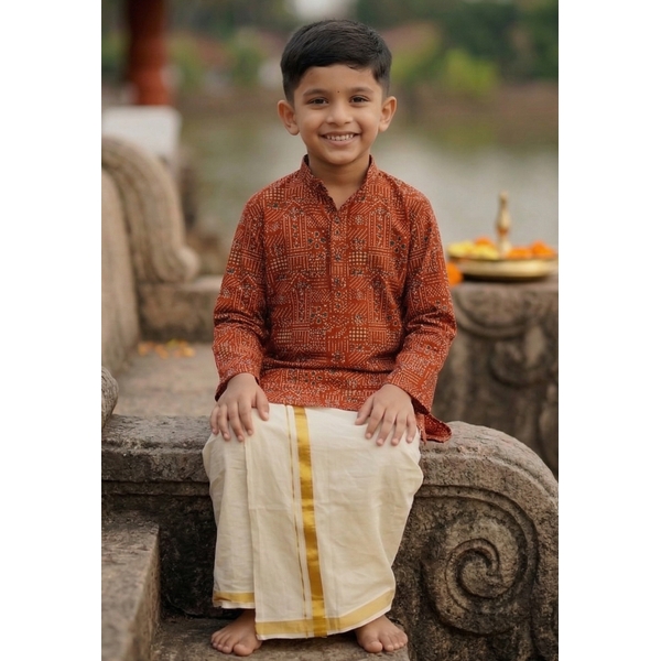 Boy's Red Ajrakh Cotton Short Kurta  thumbnail 2
