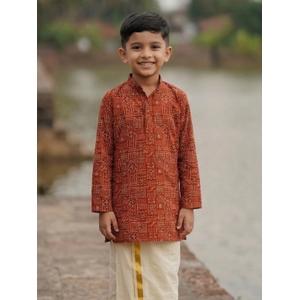 Boy's Red Ajrakh Cotton Short Kurta 