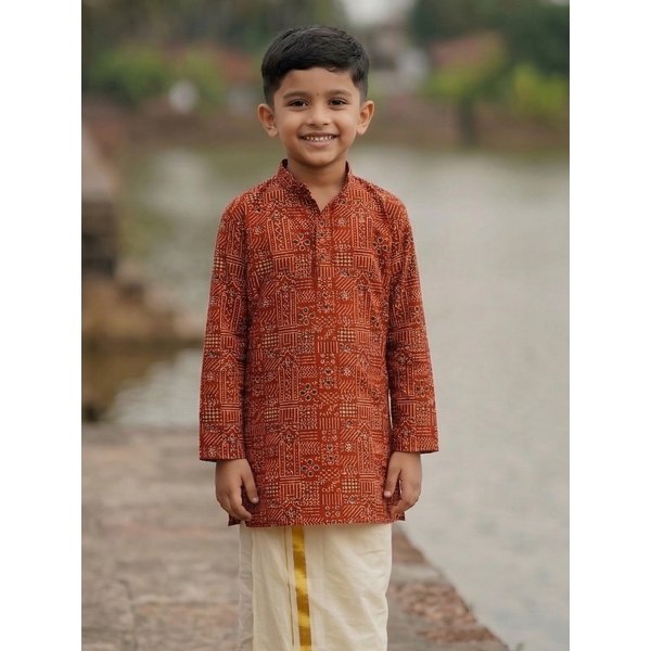 Boy's Red Ajrakh Cotton Short Kurta  thumbnail 1