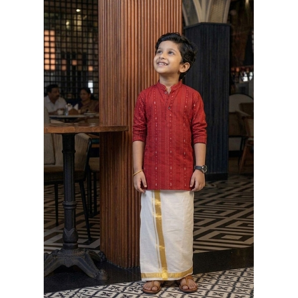 Classic Red Woven Stripes Kurta For Boys thumbnail 3