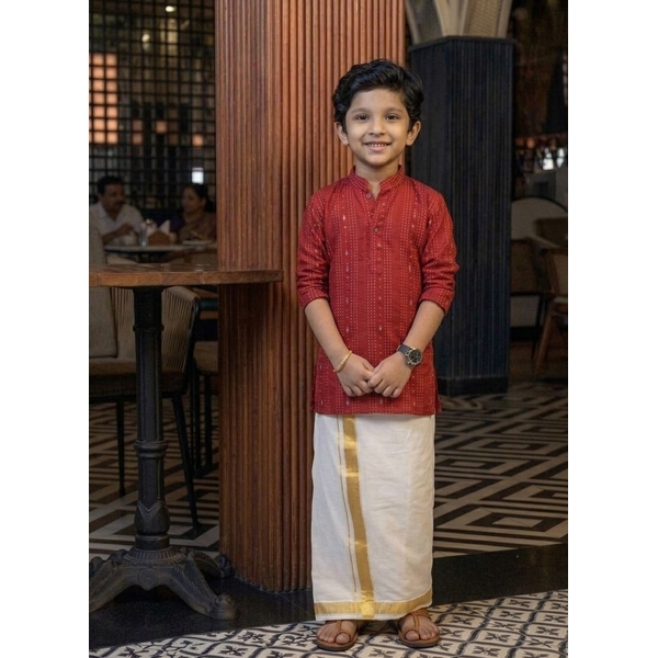 Classic Red Woven Stripes Kurta For Boys