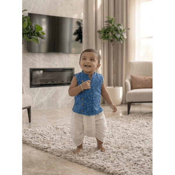 Little Prince Blue Printed Kurta And Dhoti Set