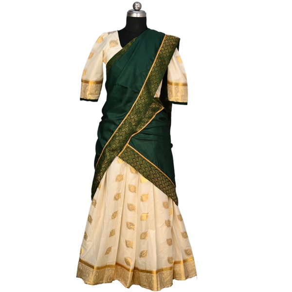 Kerala Kasavu Half Saree With Green Brocade Dupatta - image 1