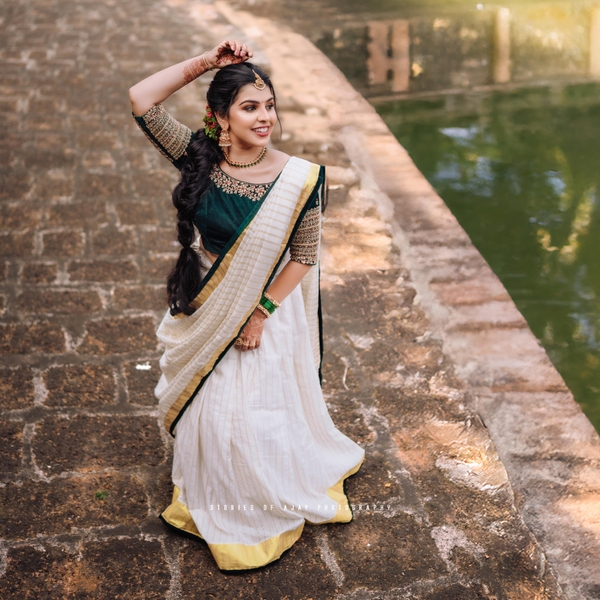 Kerala Kasavu Wedding Lehenga – Hand-Embroidered Blouse & Zari Skirt thumbnail 7