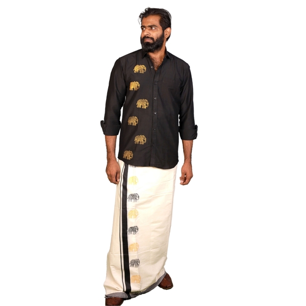 Onam Special Block Printed Kasavu Double Dhoti for Men thumbnail 1