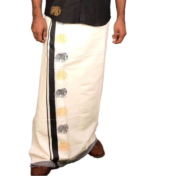 Onam Special Block Printed Kasavu Double Dhoti for Men thumbnail 2