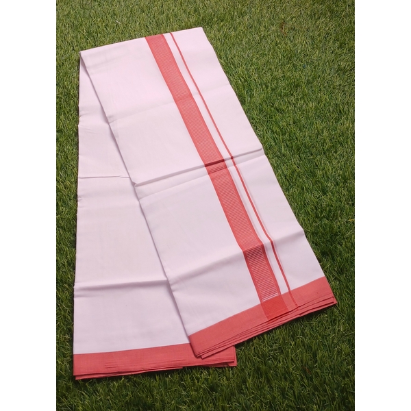 Pure white and coral Border Dhoti - image 2