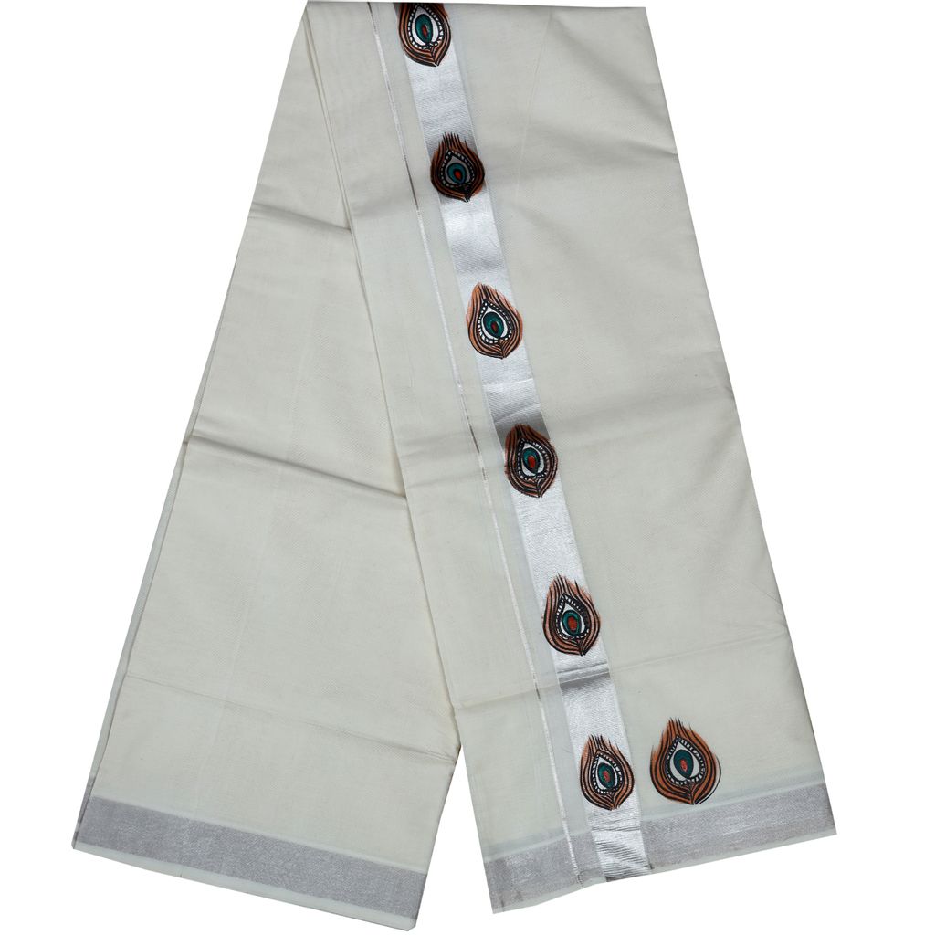 Men's Off White Silver Border Dhoti With Hand Painting