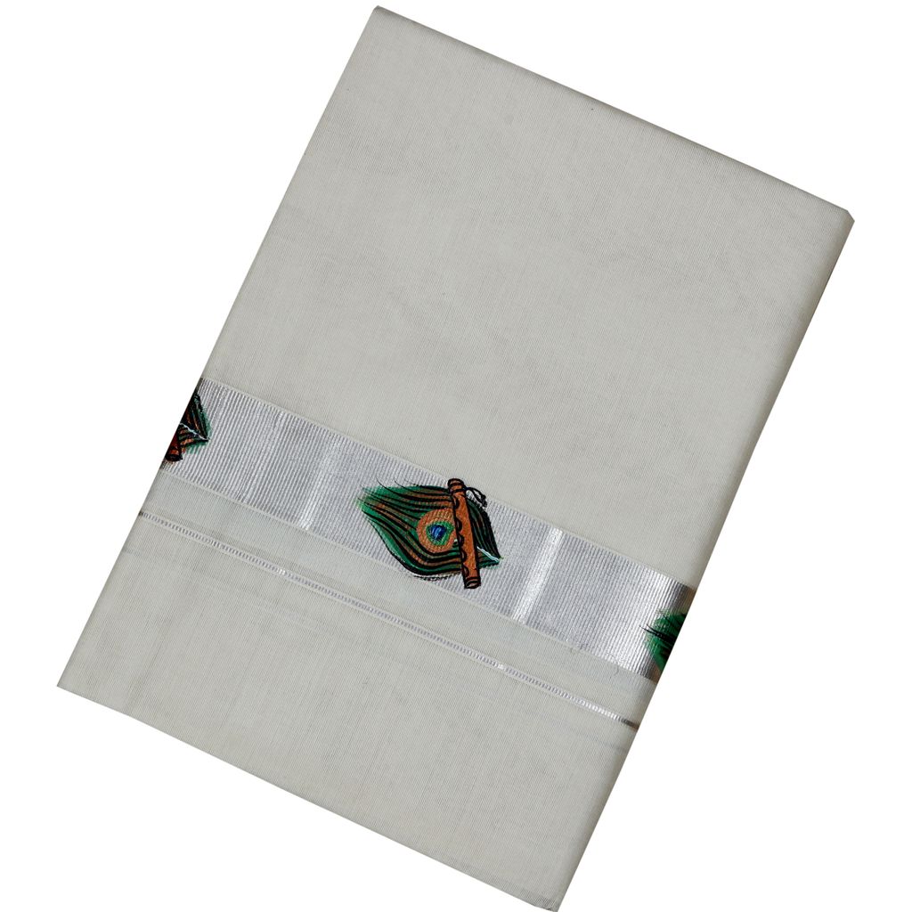 Men's Off White Silver Border Dhoti With Hand Painting