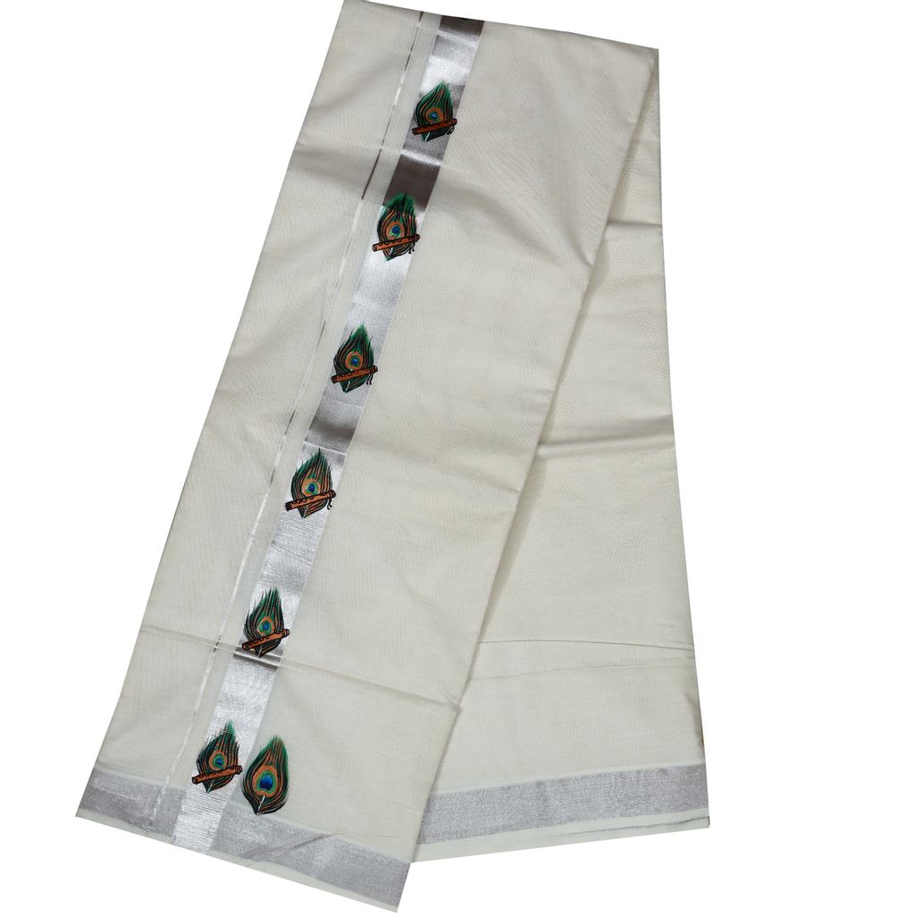 Men's Off White Silver Border Dhoti With Hand Painting