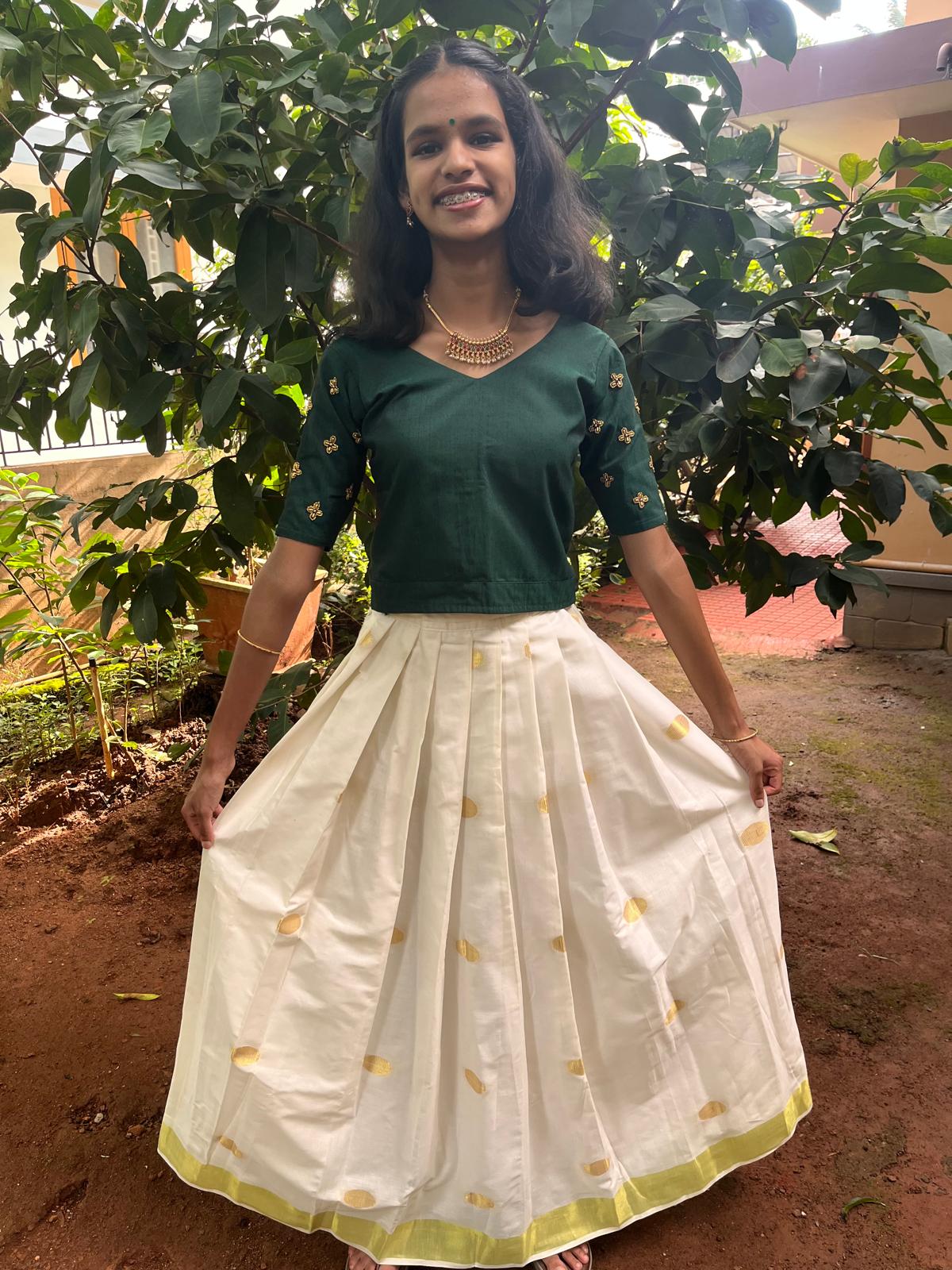 Kerala Kasavu Skirt And Top With Embroidery Detailing - Main Image
