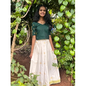 Kerala Kasavu Skirt And Top With Embroidery Detailing