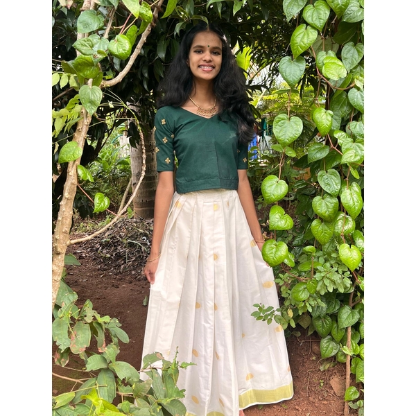 Kerala Kasavu Skirt And Top With Embroidery Detailing - image 1