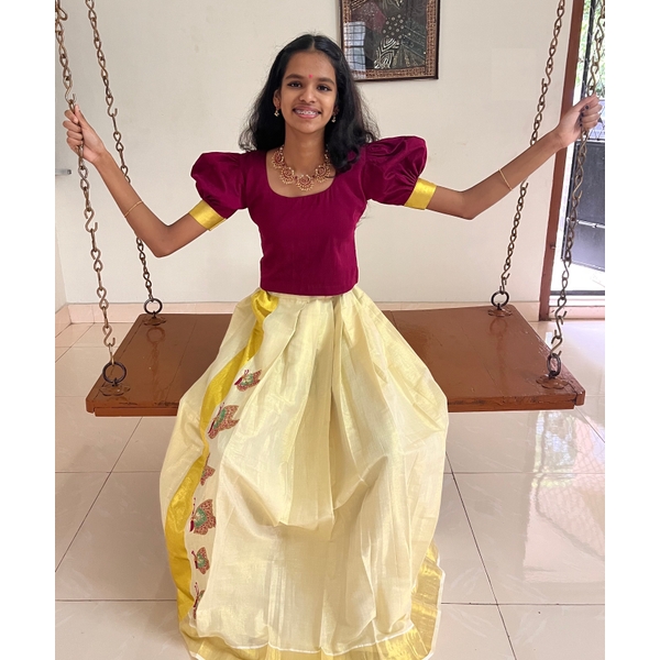 Kerala Kasavu Skirt Set  With traditional Embroidery - image 2