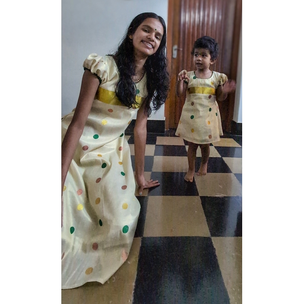 Ethnic Kasavu Dress In Polka Kasavu - image 3