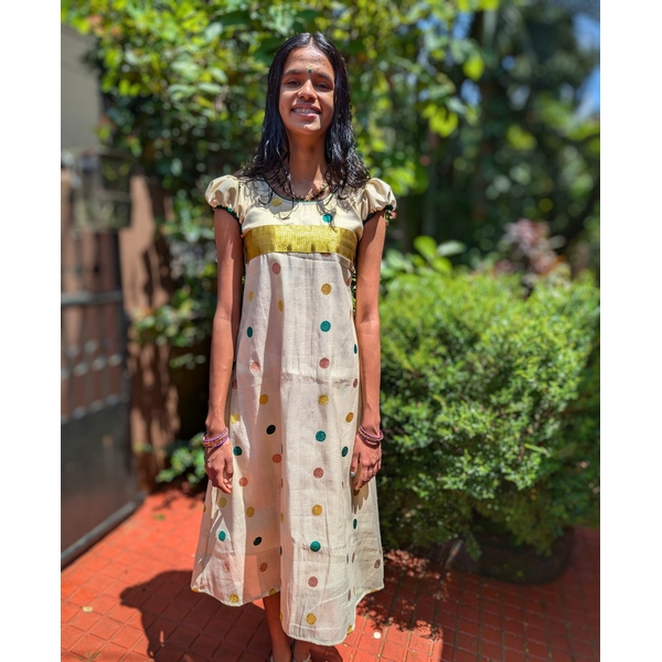 Ethnic Kasavu Dress In Polka Kasavu thumbnail 1