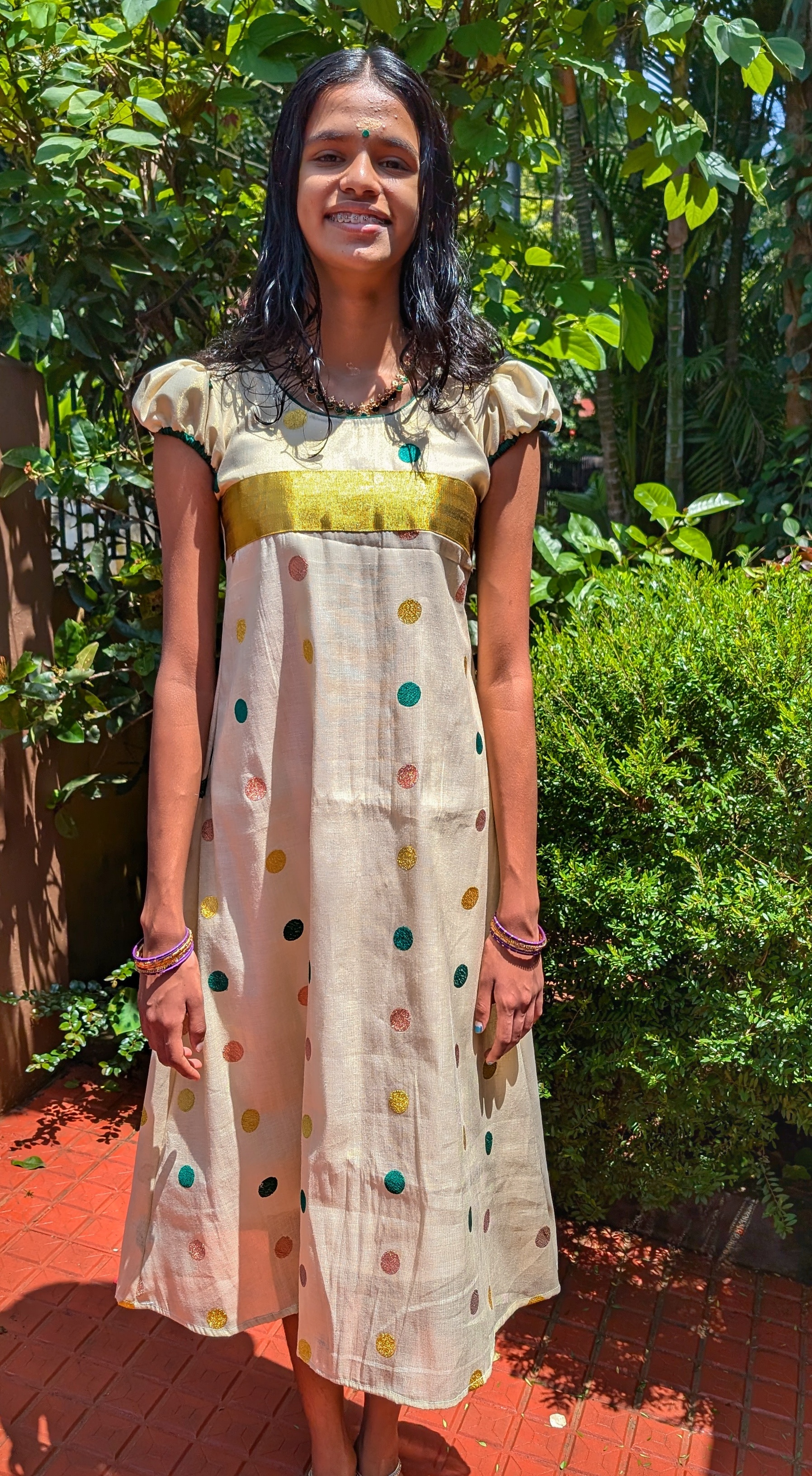 knee length dresses for ladies Off White 3 Panel Dress with kasavu Temple Seam main image 0