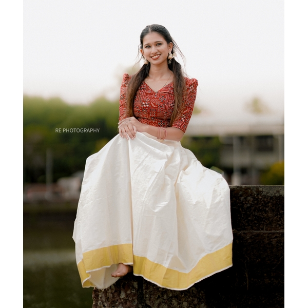 Cotton Kasavu Skirt Set With Ajrakh Blouse thumbnail 2