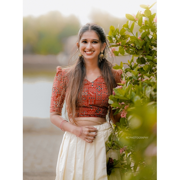 Cotton Kasavu Skirt Set With Ajrakh Blouse - image 3