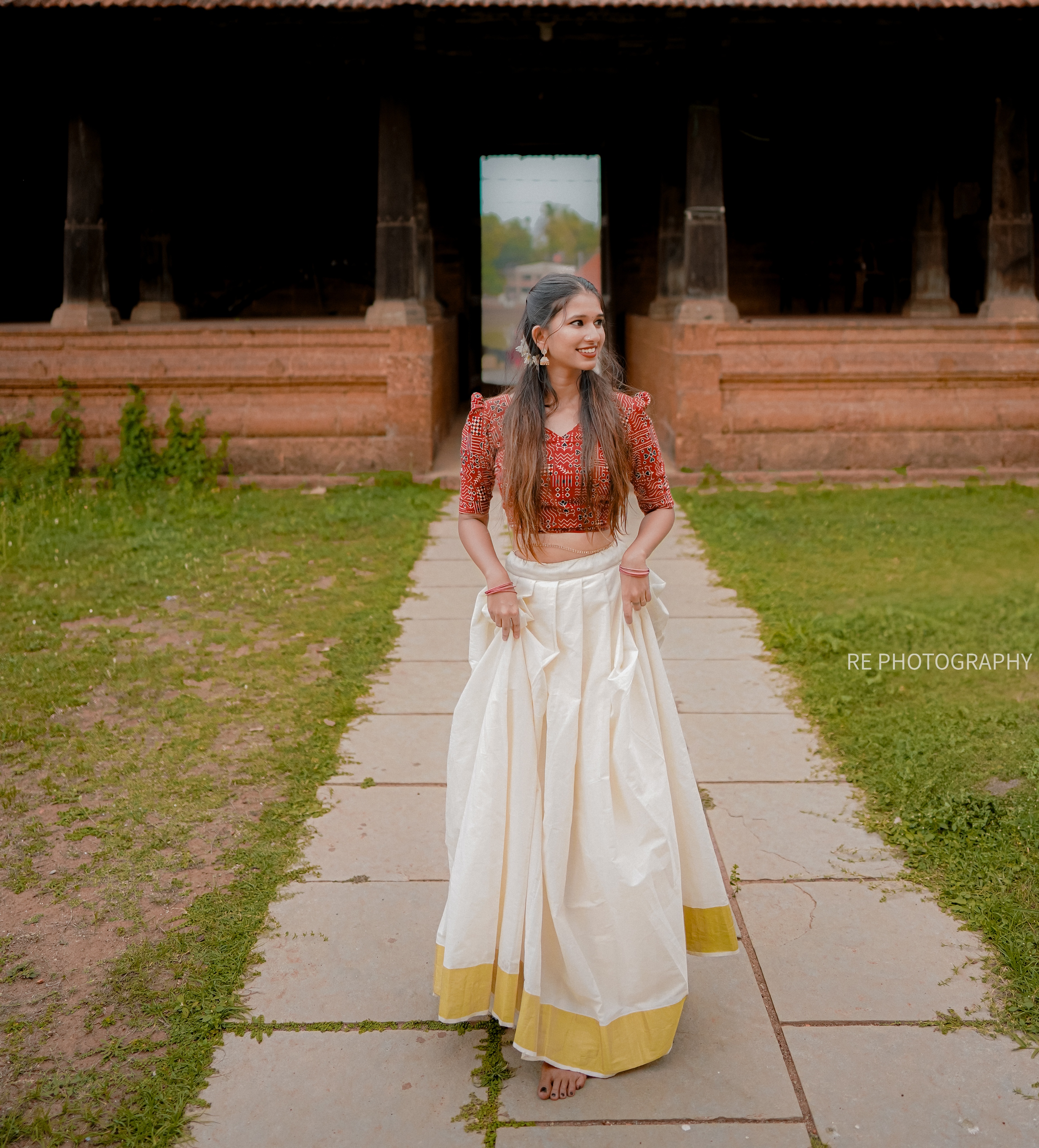 Cotton Kasavu Skirt Set With Ajrakh Blouse