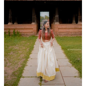 Cotton Kasavu Skirt Set With Ajrakh Blouse