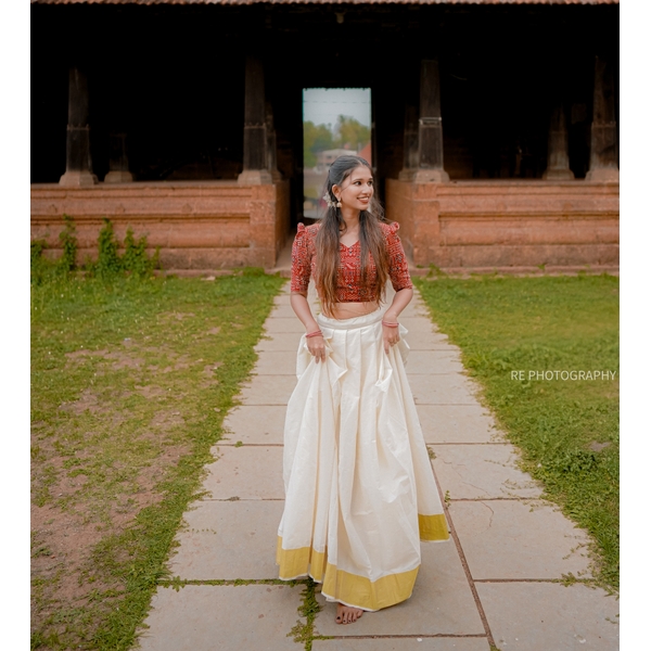 Cotton Kasavu Skirt Set With Ajrakh Blouse