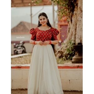 Red Ajrakh Crop Top And Checked Kerala Skirt Set