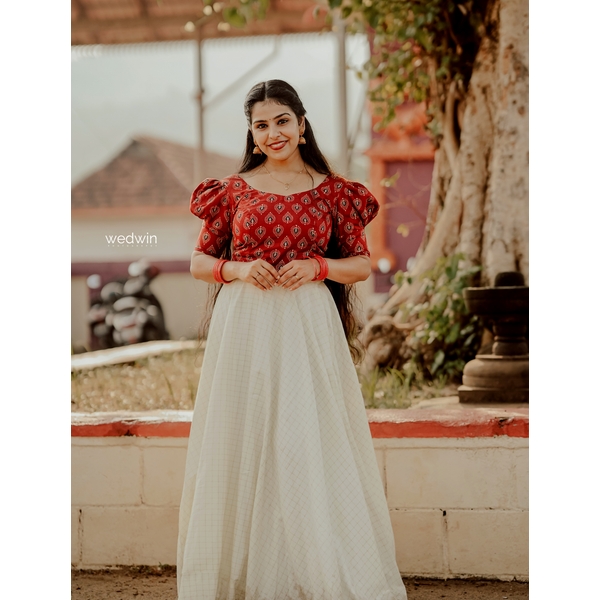 Red Ajrakh Crop Top And Checked Kerala Skirt Set thumbnail 1
