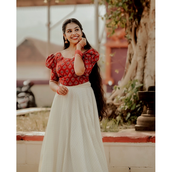 Red Ajrakh Crop Top And Checked Kerala Skirt Set thumbnail 2