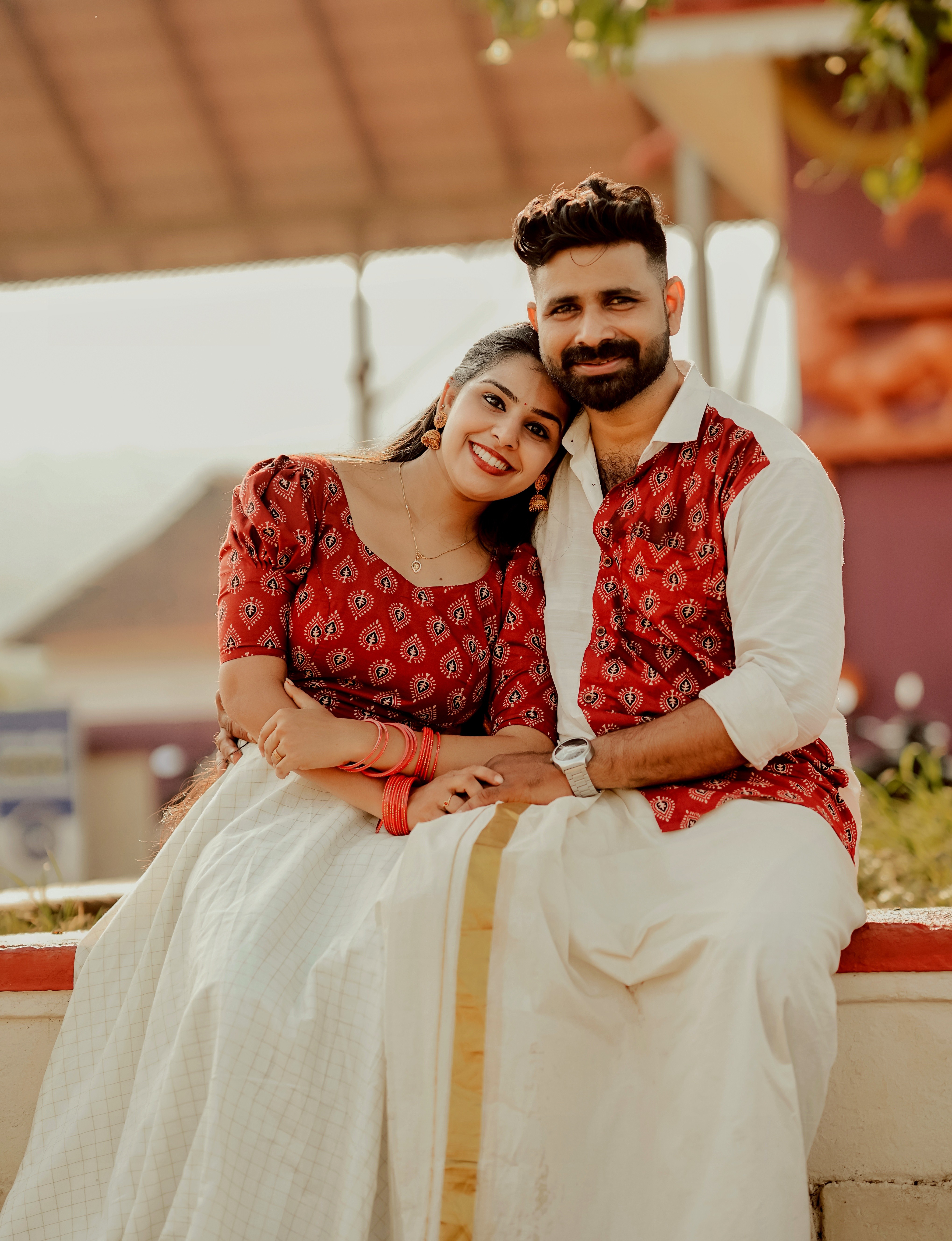 Kerala Couple Wedding Dress Red Ajrakh Crop Top And Checked