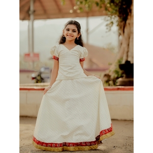 Ethnic Kasavu Skirt Set With Ajrakh Trimmings