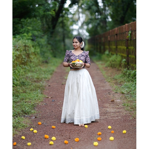 Kasavu Skirt Set With Ajrakh Blouse thumbnail 1
