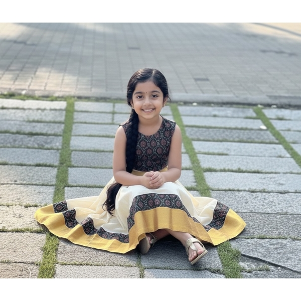 Cotton Kasavu Skirt Set With Ajrakh Blouse thumbnail 2