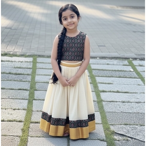 Cotton Kasavu Skirt Set With Ajrakh Blouse