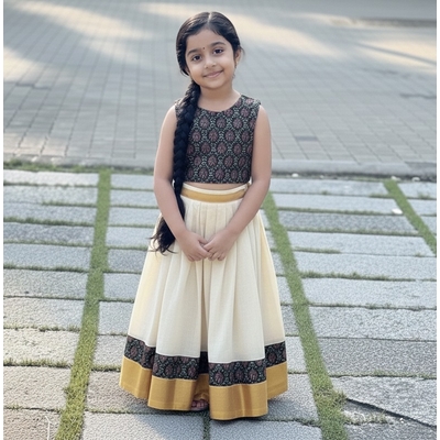 Cotton Kasavu Skirt Set With Ajrakh Blouse