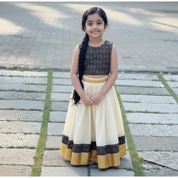 Cotton Kasavu Skirt Set With Ajrakh Blouse thumbnail 3
