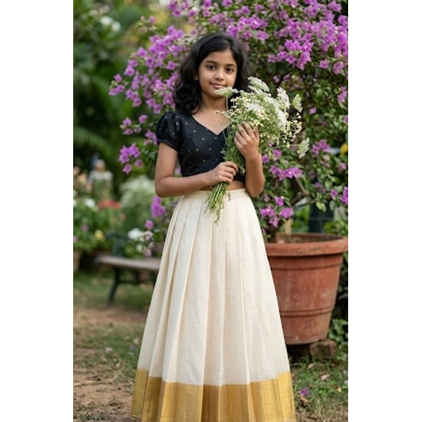 Classic Black Polka Kasavu Skirt Set