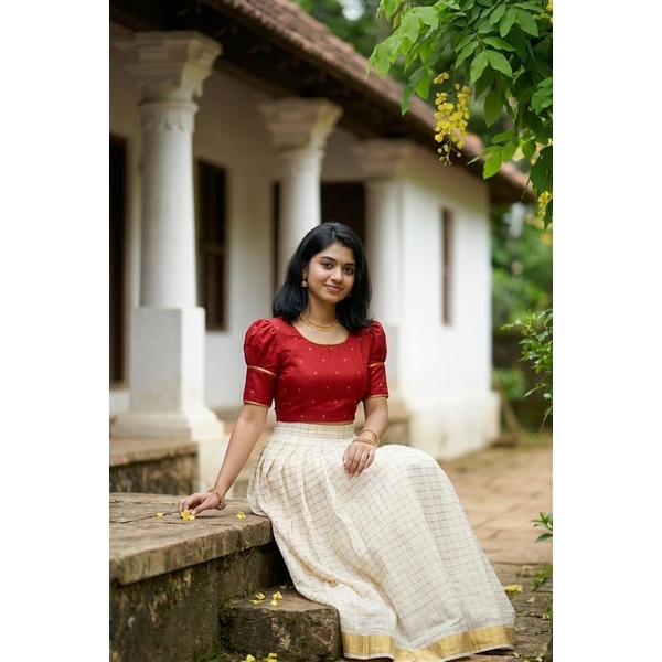 Classic Red Polka Kasavu Skirt Set