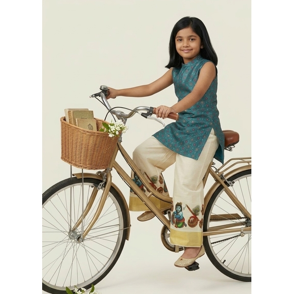 Kasavu Kurti Palazzo Set For Kids thumbnail 3