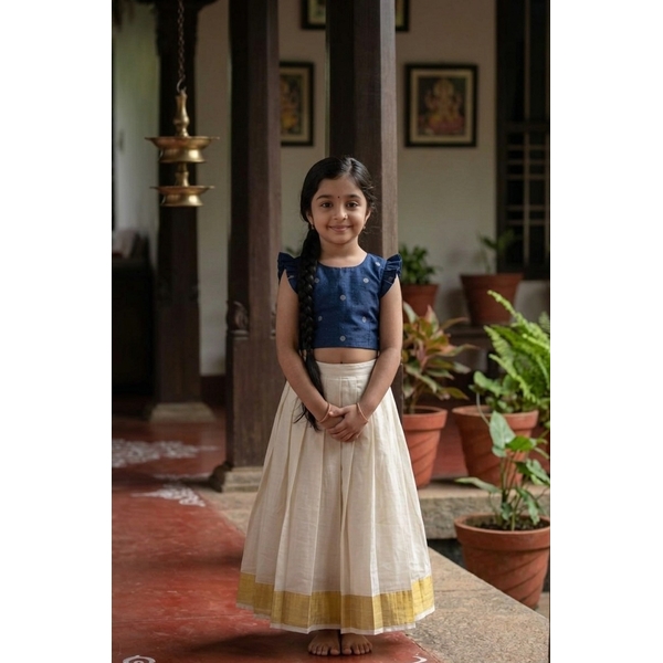 Blue Polka  Kasavu Skirt Set thumbnail 1