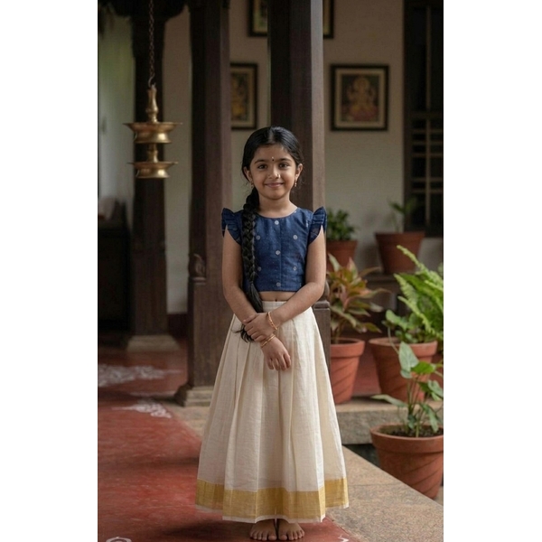 Blue Polka  Kasavu Skirt Set - image 3