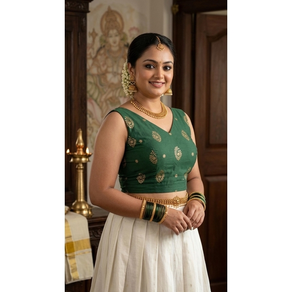 Classic Kasavu Pattu Pavada Set With Emerald Green Brocade Blouse thumbnail 2