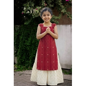 Kids Traditional Kasavu Palazzo Set With Woven Red Kurta