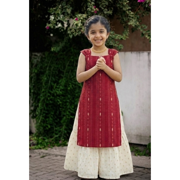 Kids Traditional Kasavu Palazzo Set With Woven Red Kurta