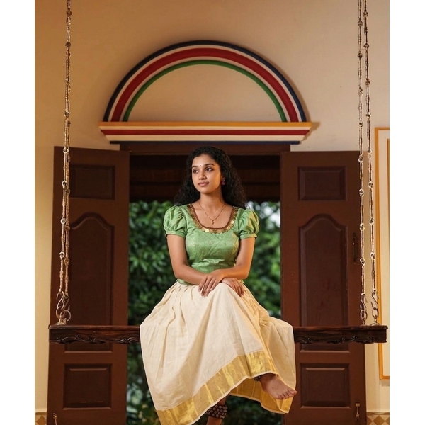 Kerala Kasavu Pattu Pavada Set With Embellished Blouse thumbnail 1