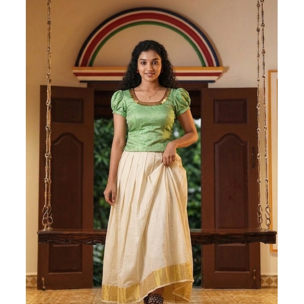 Kerala Kasavu Pattu Pavada Set With Embellished Blouse thumbnail 2